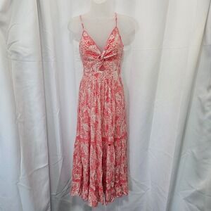 ANGIE Floral Maxi Dress Coral White Twisted Front Tiered Sz S boho peasant READ